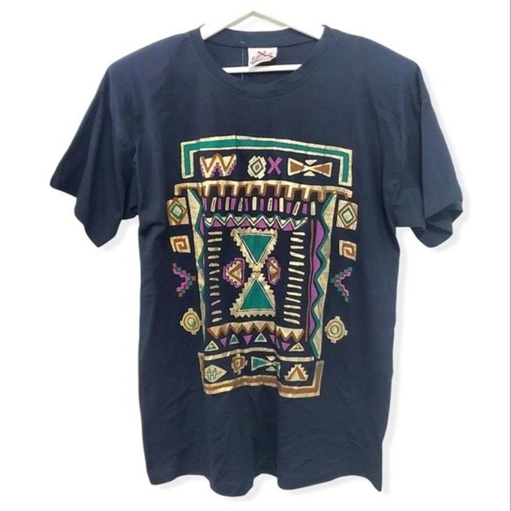 Sweet Blondie Top Vintage Shoulder Pads Gold Foil Tribal Design Black One Size